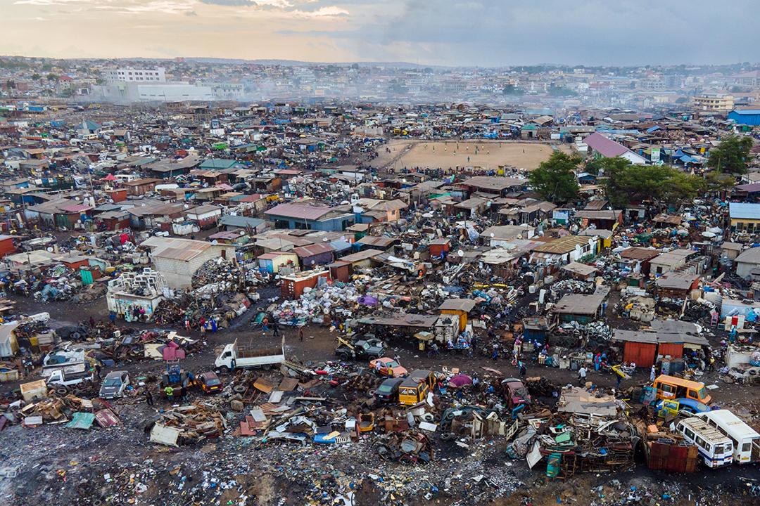 An aerial photo taken on 11 June 2021 shows the Agbogbloshie scrapyard before it was demolished 20 days later.