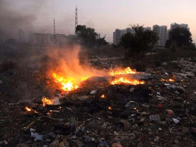 Waste burning in open area in Sector 49, Gurugram.