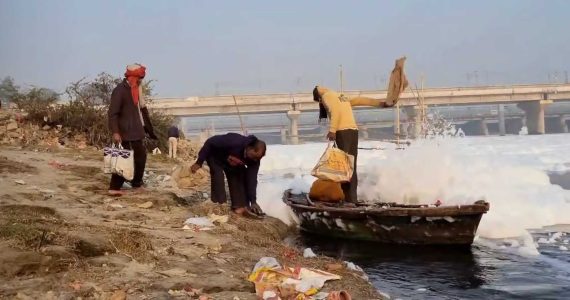 Toxic industrial foam on Yamuna river (Okhla Barrage), 2021