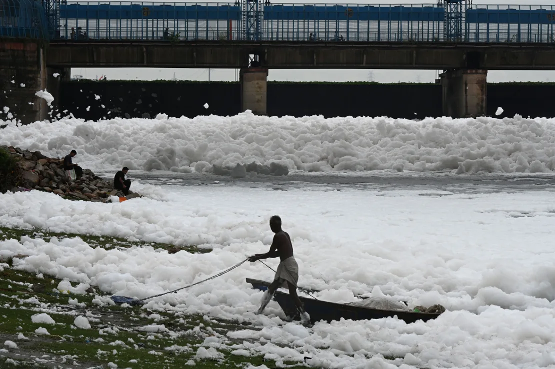 Yamuna river covered with a thick layer of toxic foam due near Kalindi Kunj, on September 10, 2023 in New Delhi, India.