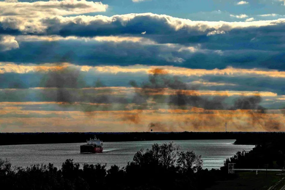 Smoke billows over the Mississippi River in Louisiana’s Cancer Alley. October 15, 2023