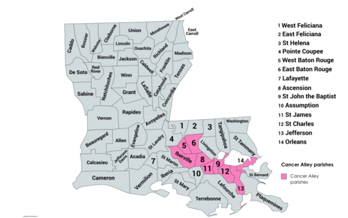 Parishes of Louisiana that comprise "Cancer Alley", marked in pink