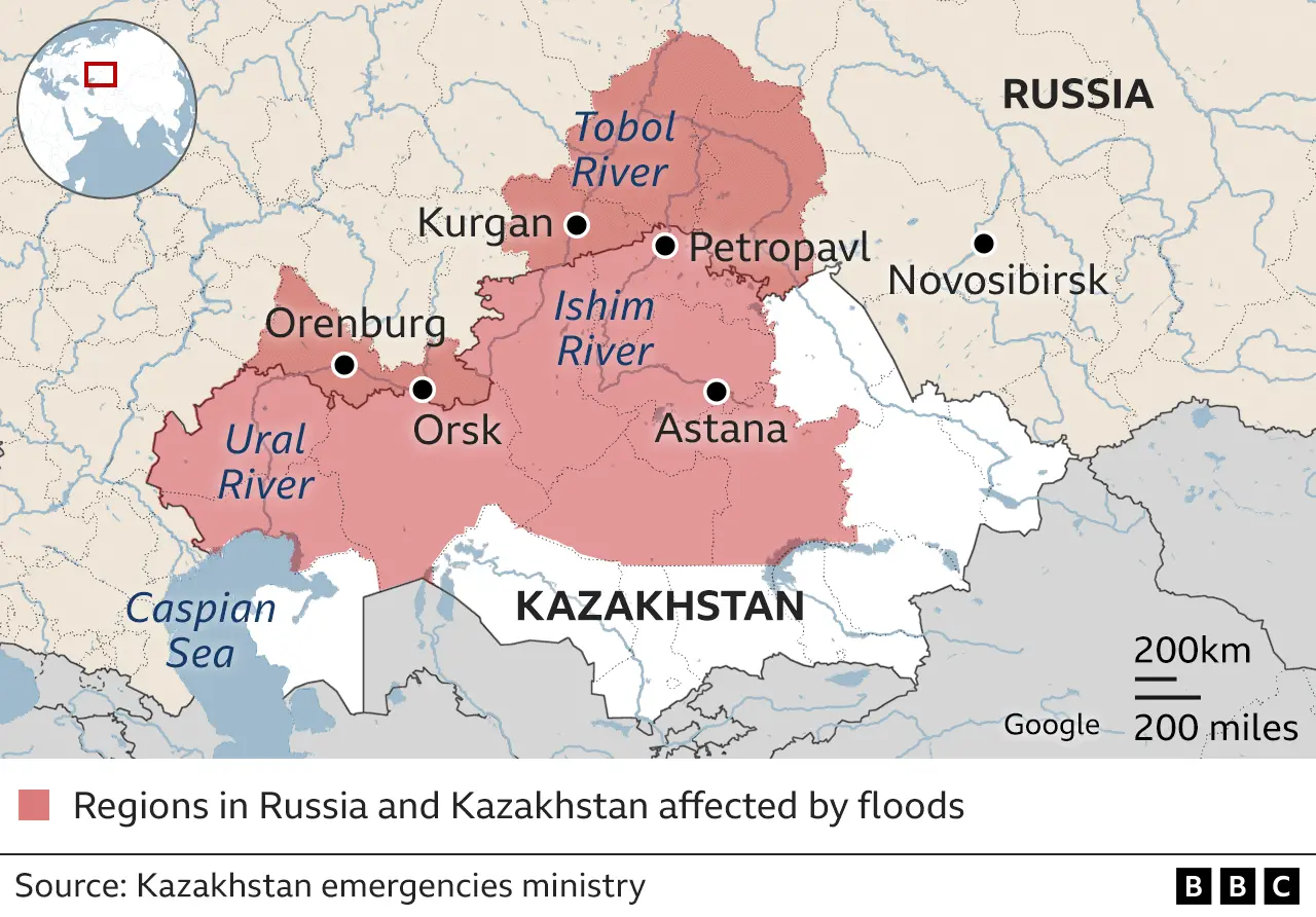 Regions in Russia and Kazakhstan affected by floods