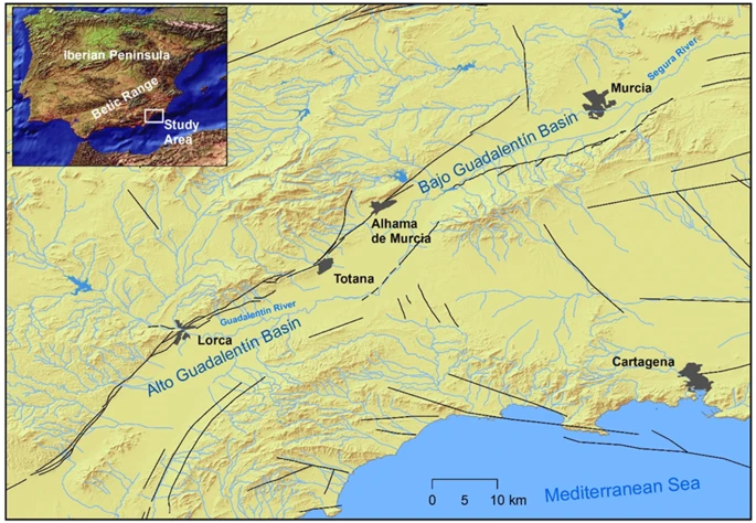 Location of the Alto Guadalentín Basin, the Bajo Guadalentín Basin and the Guadalentín River that formed the two basins. Black lines depict main faults in the area. The locations and names of the main cities in the area are shown.