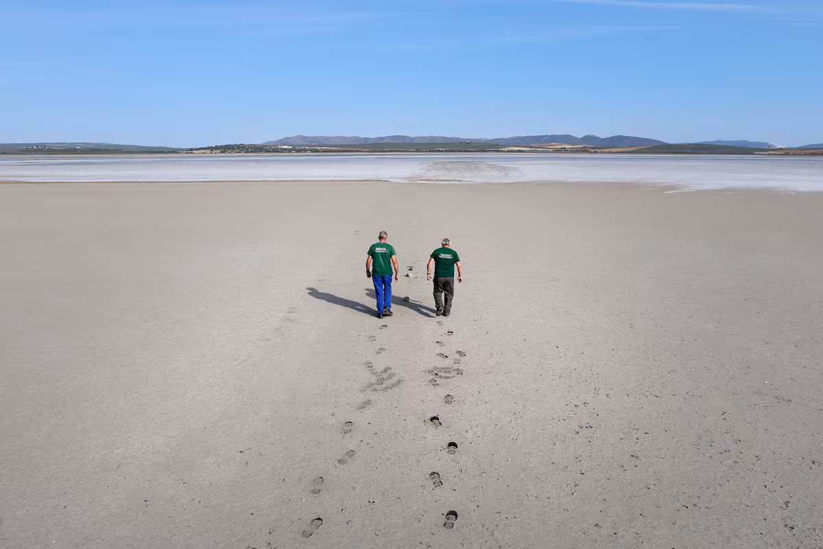 The dry, salt-covered Fuente Piedra lagoon in Malaga, Spain, mid-June 2023