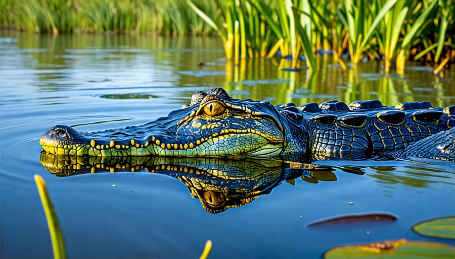 An alligator submerged in water, surrounded by aquatic vegetation in a freshwater wetland