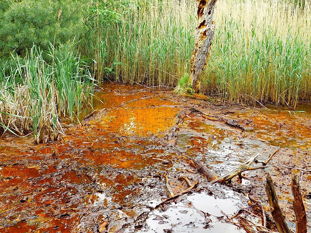 The water is heavily polluted by acidic mine effluents