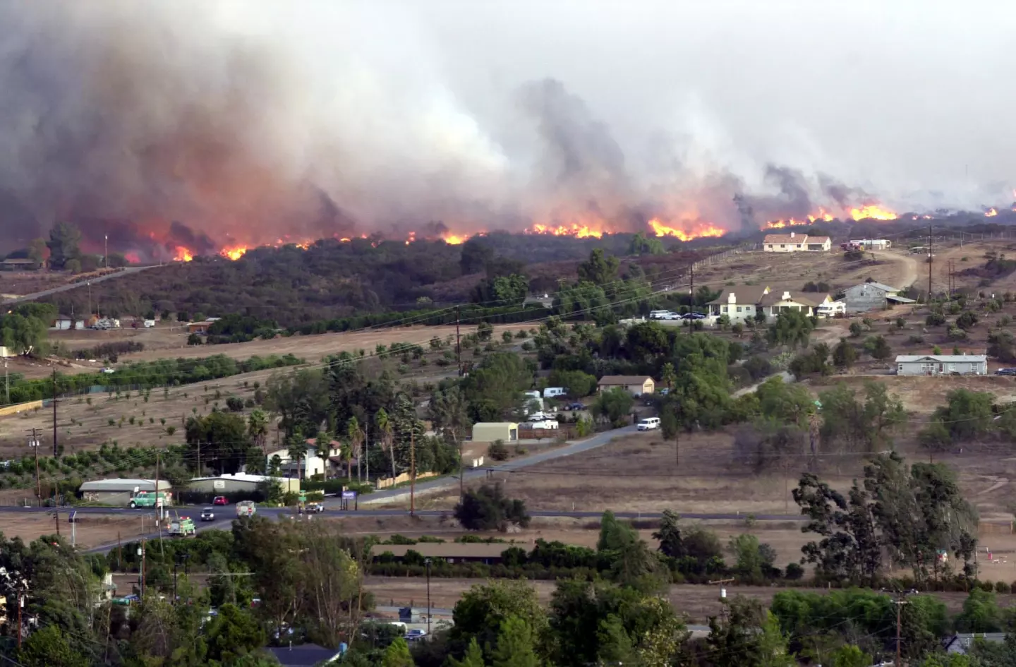 The Paradise fire burns just north of Valley Center Road west of Lake Wohlford Road on Oct. 26, 2003.