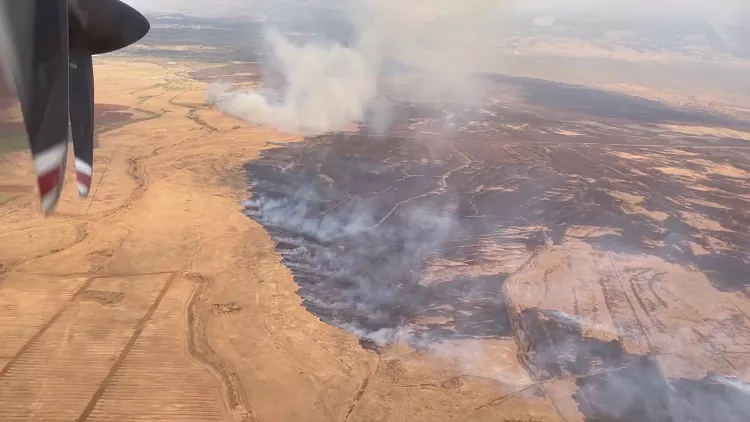 An aerial view shows wildfire smoke in Lahaina, Hawaii