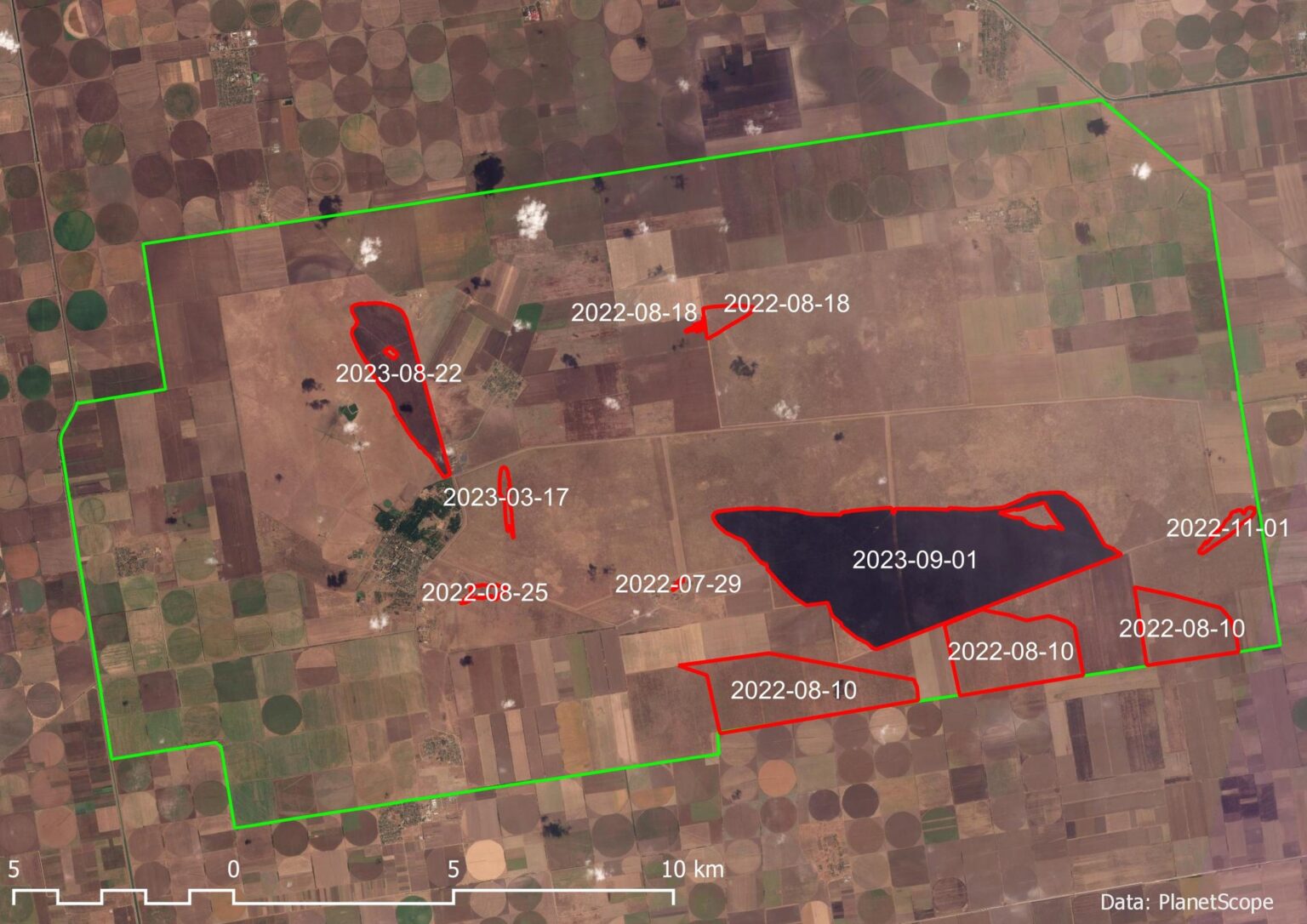 The PlanetScope satellite image shows areas that have suffered from fires since the beginning of the escalation of the war in Ukraine.