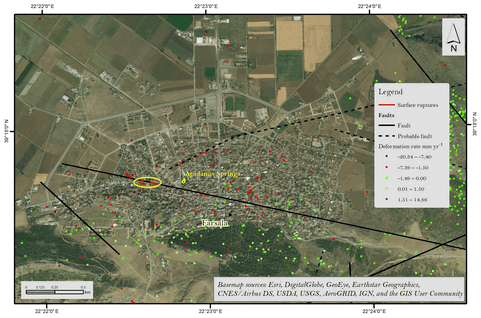 The spatial distribution of the surface raptures and PSI data