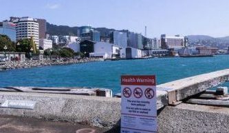 A warning sign on Wellington's waterfront in late 2019 after a sewage pipe blockage caused problems