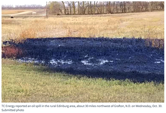 Site of 380,000-gallon tarsands oil spill from Keystone pipeline in northeastern North Dakota on Oct. 30, 2019.