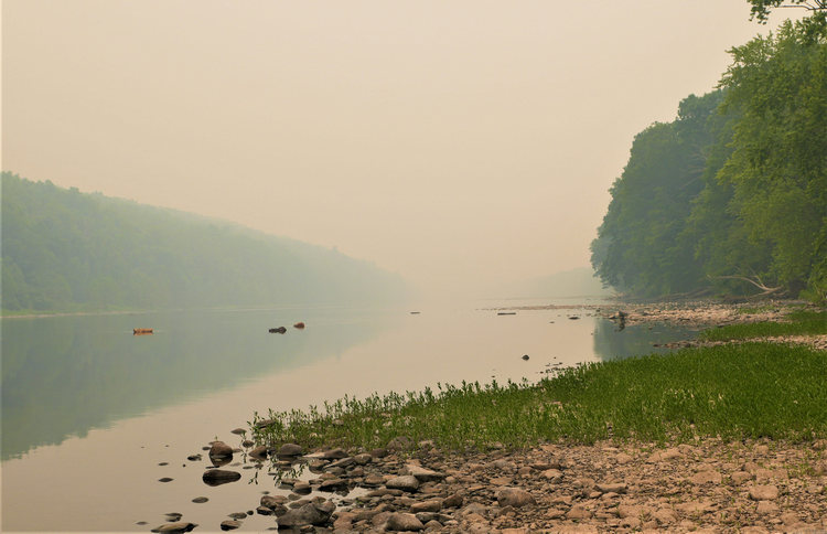 This is not a foggy morning on the Delaware River, but the smoke from Canadian wildfires which has blanketed the eastern U.S. This part of the river is just south of the Dingman's Bridge shot from the Pennsylvania shore.