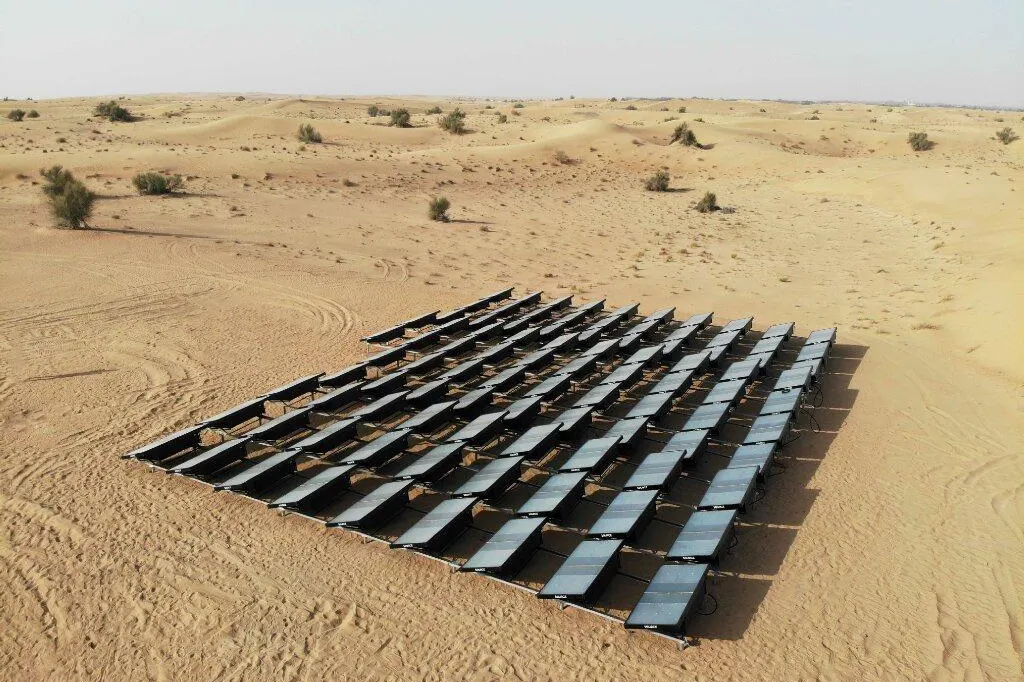 Hydropanel water farm extracts and collects large quantities of clean drinking water from the surrounding air.