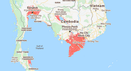 Red areas, including Ho Chi Minh City and Vietnam's Mekong Delta, are land projected to be below flood level in 2050. Graphics by Climate Central.