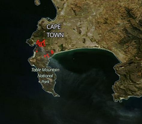Map showing heat produced by wildfires near Cape Town, South Africa March 3, 2015