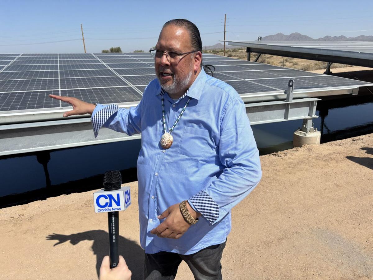Gila River Indian Community Gov. Stephen Roe Lewis speaks about the importance of the solar panel-over-canal project near Sacaton, about 80 miles north of Tucson.