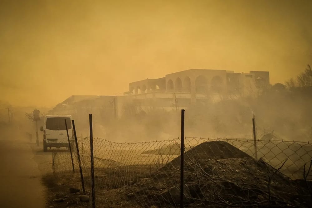 A burned hotel is seen on the island of Rhodes.
