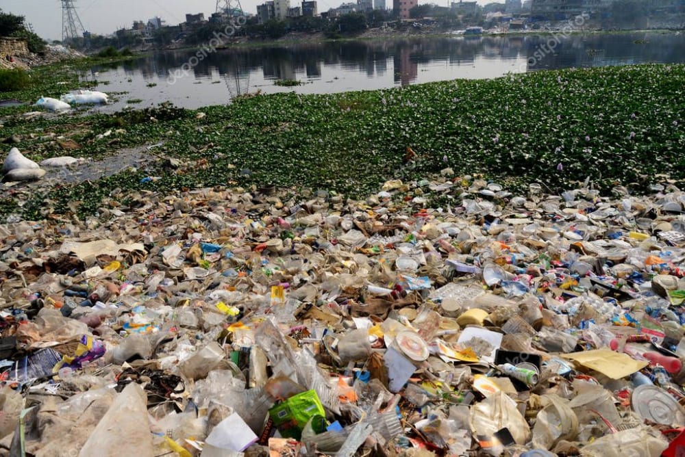 Plastic trash in the polluted Buriganga River