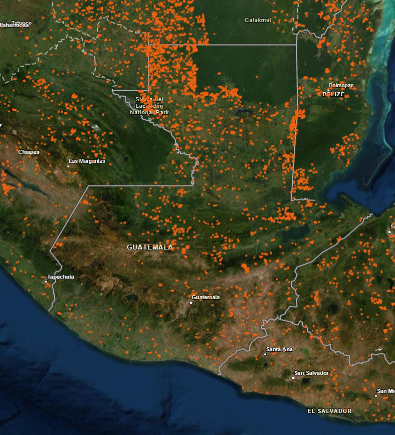NASA Fire Information for Resource Management System (FIRMS) map showing fires detected in Guatemala by the Aqua MODIS instrument for the month of April 2020. Each hotspot / active fire detection shown in orange represents the center of a pixel flagged as containing one or more fires, or other thermal anomalies.
