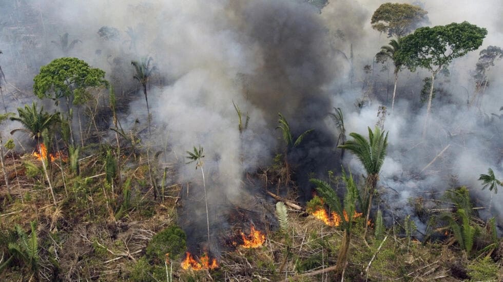 Aerial view of a burning area in Lábrea, southern Amazonas State, Brazil, on September 17, 2022.