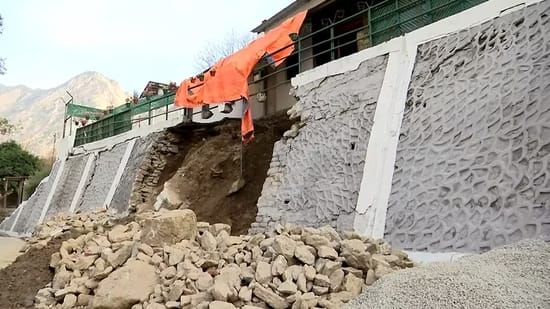 Joshimath: A view of the debris after a crack appeared on a wall of the house due to landslides.