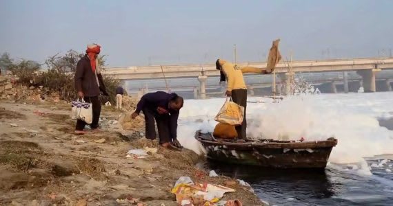 Toxic industrial foam on Yamuna river (Okhla Barrage), 2021