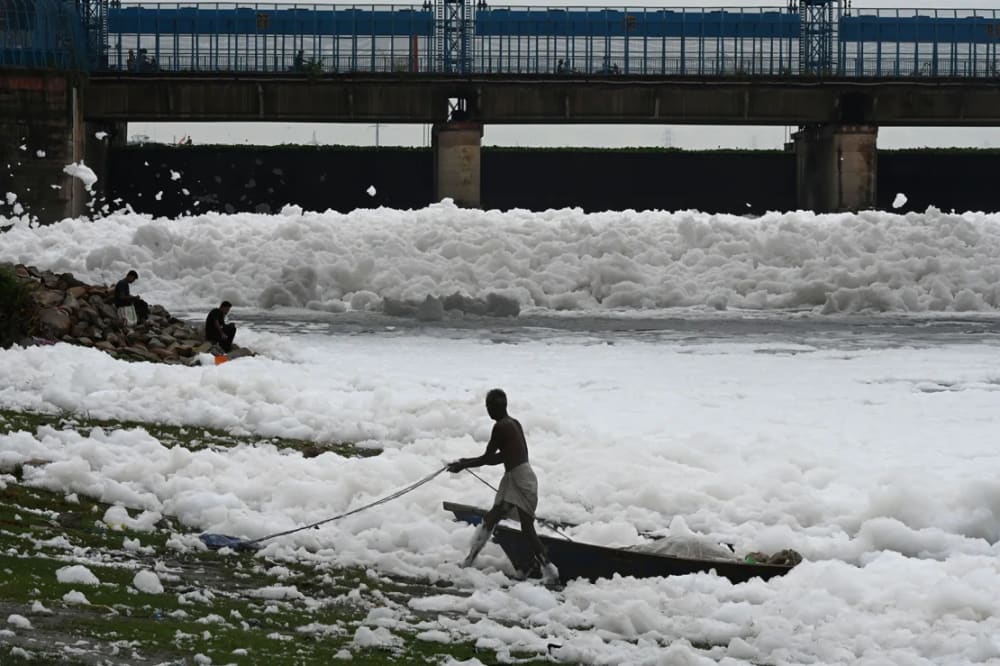 Yamuna river covered with a thick layer of toxic foam due near Kalindi Kunj, on September 10, 2023 in New Delhi, India.