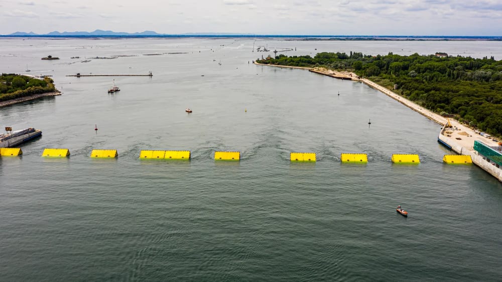 Venice's Mose barriers are raised during a test in May 2020
