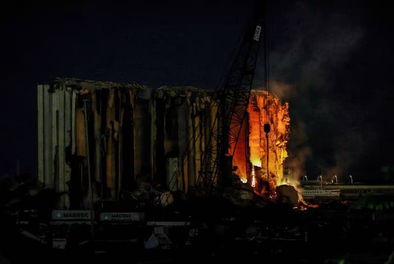 Silos burning in the port of Beirut, where the blast in 2020 killed more than 200 people and exacerbated the country's economic crisis.