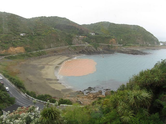 Orange sediment sometimes flows out of the spillway. A mildly unpleasant odor may occasionally be felt on the beach.
