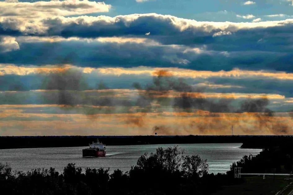 Smoke billows over the Mississippi River in Louisiana’s Cancer Alley. October 15, 2023