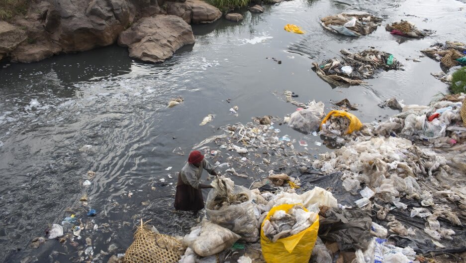 Plastics paper bags in the Indus River