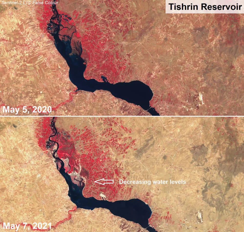 This combination of handout images made available by the European Space Agency shows two satellite false colour images captured on May 5, 2020 (top) and May 7, 2021 of decreasing water levels in Syria's Tishrin reservoir