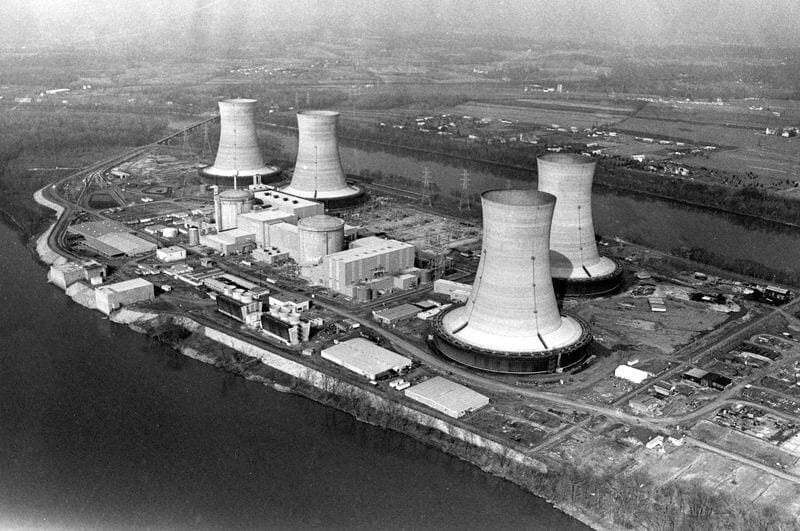 An air view shows the Three Mile Island nuclear power plant near Harrisburg, Pa., March 30, 1979. The small dome at center is where the now-called "incident" occured Wednesday.