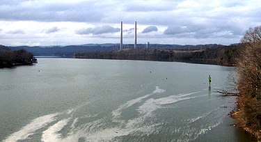The confluence of the Clinch and Emory Rivers, with the Kingston Fossil Plant in the distance, five days after the spill.