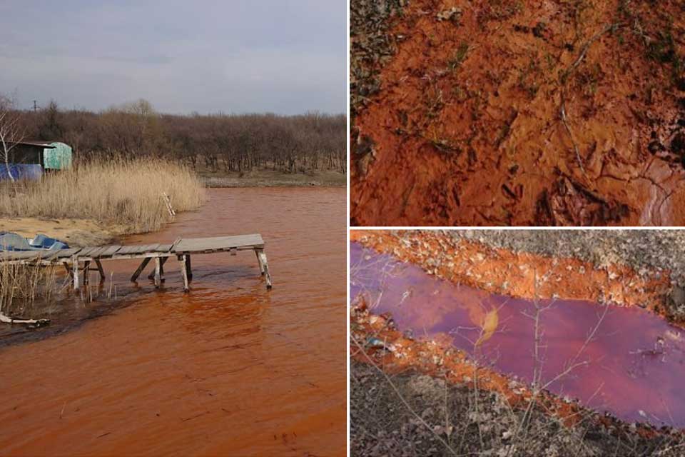 Discoloured water in a lake near Yenakiyevo.