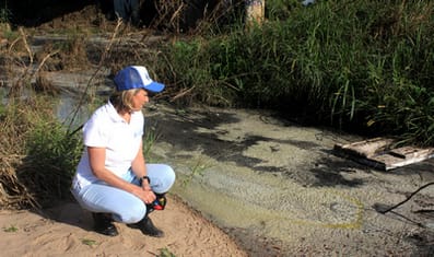 Adopt-a-River founder and pollution monitor Janet Simpkins surveys sewage pollution along the banks of the Umngeni River in August 2022.