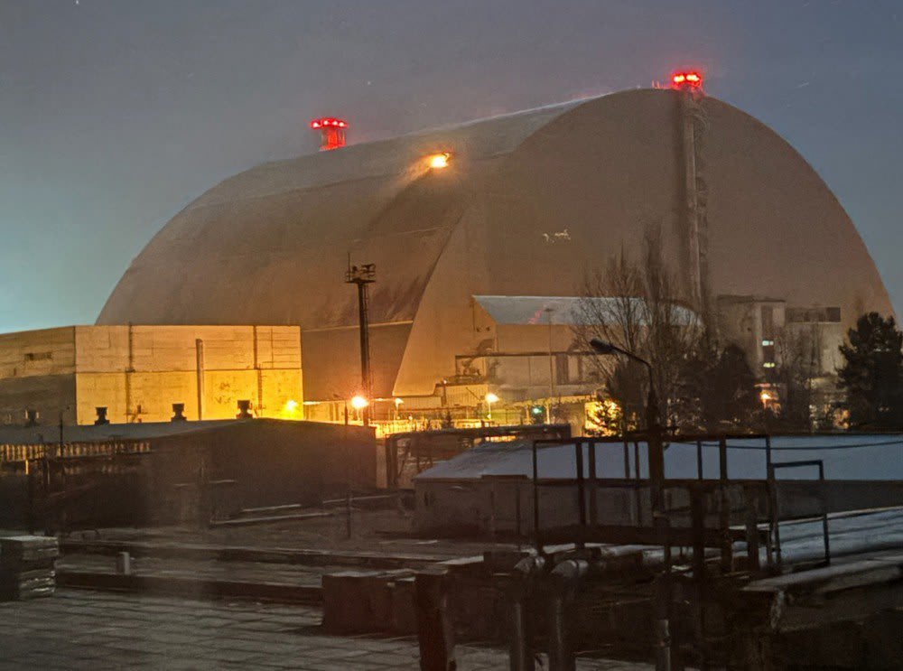 After the impact of the Russian strike drone on the sarcophagus of the Chernobyl Nuclear Power Plant, Ukraine on February 14, 2025