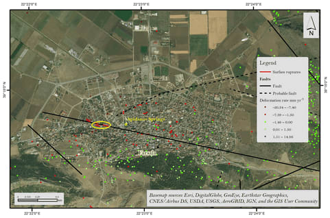 The spatial distribution of the surface raptures and PSI data