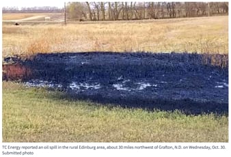 Site of 380,000-gallon tarsands oil spill from Keystone pipeline in northeastern North Dakota on Oct. 30, 2019.