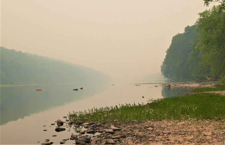This is not a foggy morning on the Delaware River, but the smoke from Canadian wildfires which has blanketed the eastern U.S. This part of the river is just south of the Dingman's Bridge shot from the Pennsylvania shore.