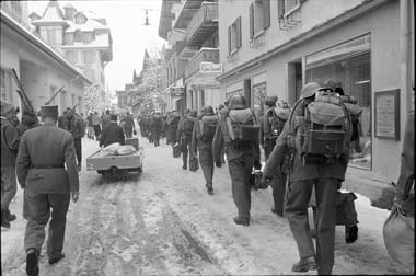 Soldiers arriving in Zermatt to help out with the typhoid epidemic in 1963.