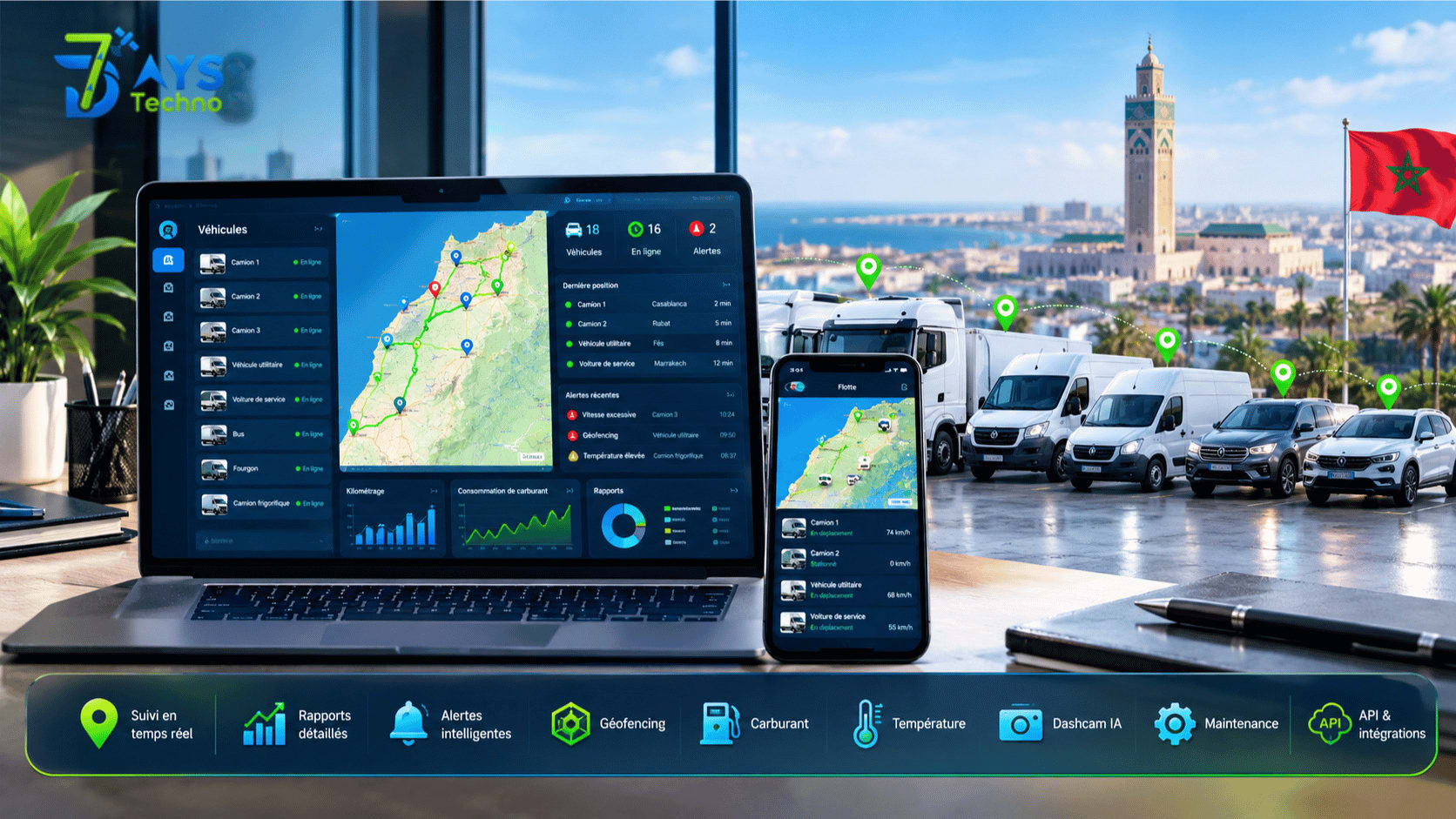 Gestion de flotte GPS Maroc - secteurs transport, logistique, BTP et location de voitures
