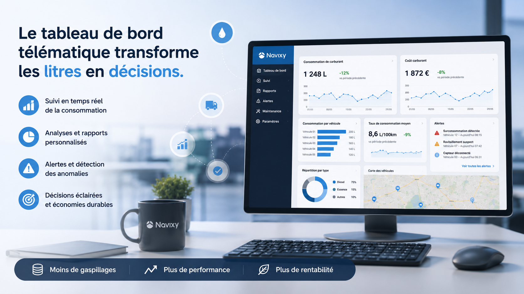 Controle carburant GPS d'une flotte automobile - tableau de bord telematique - 7DAYS TECHNO