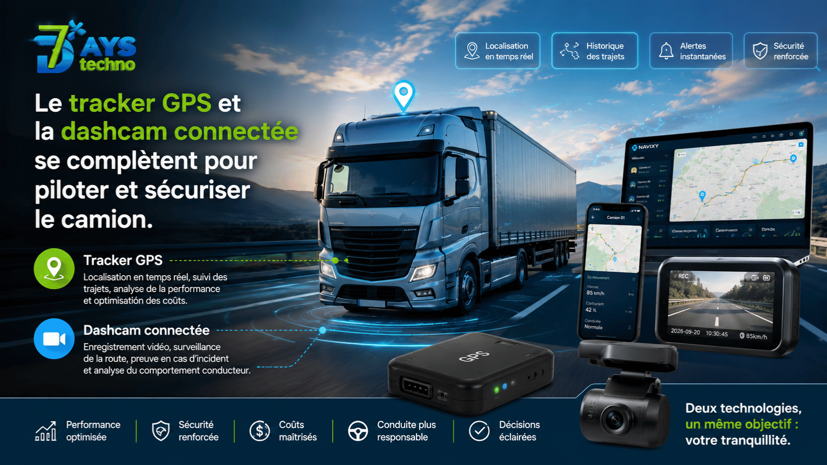 Tracker GPS poids lourds avec dashcam connectee - solution telematique pour transport routier