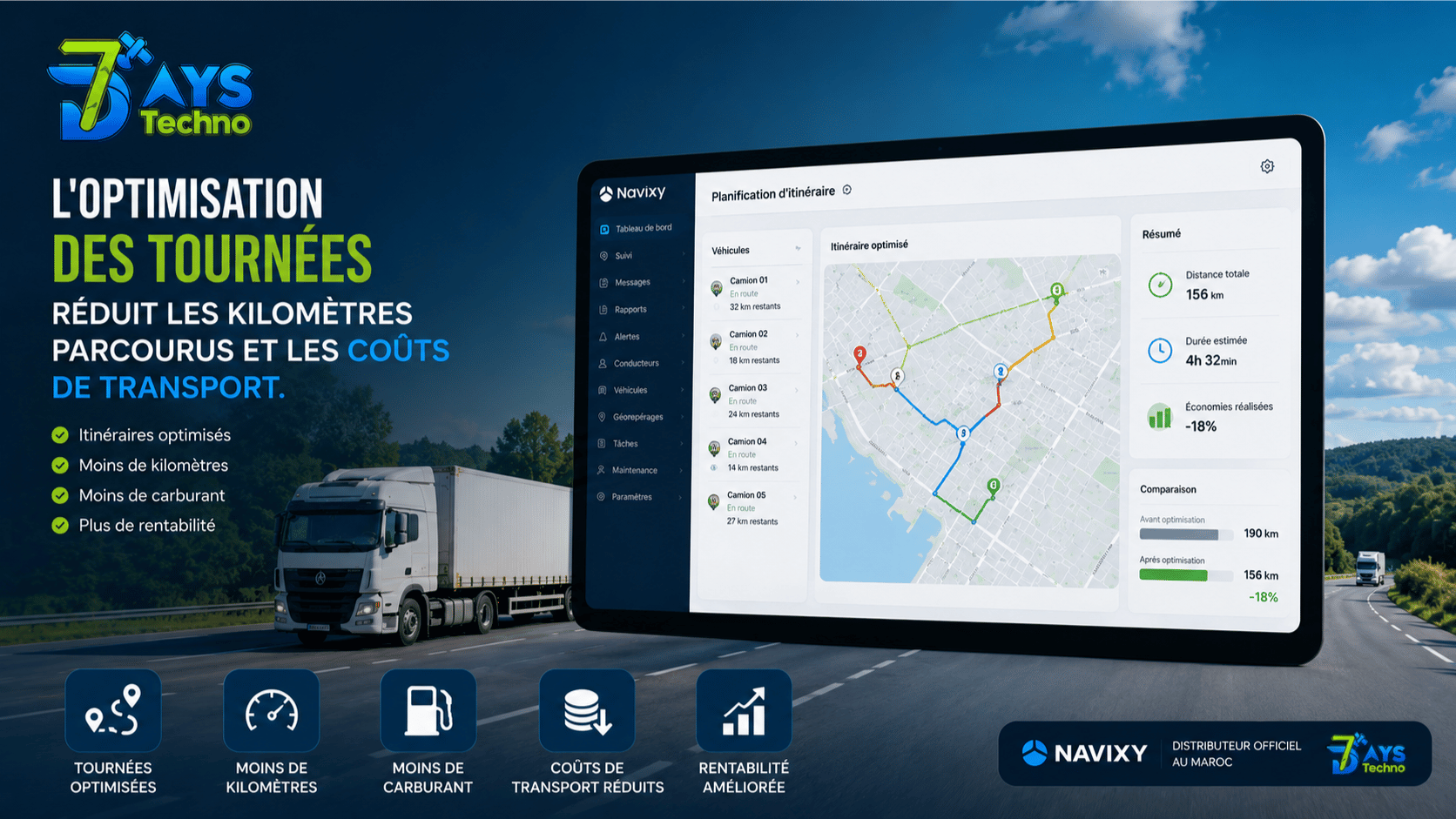 GPS transport Maroc - optimisation des tournees et suivi de la flotte logistique avec 7DAYS TECHNO