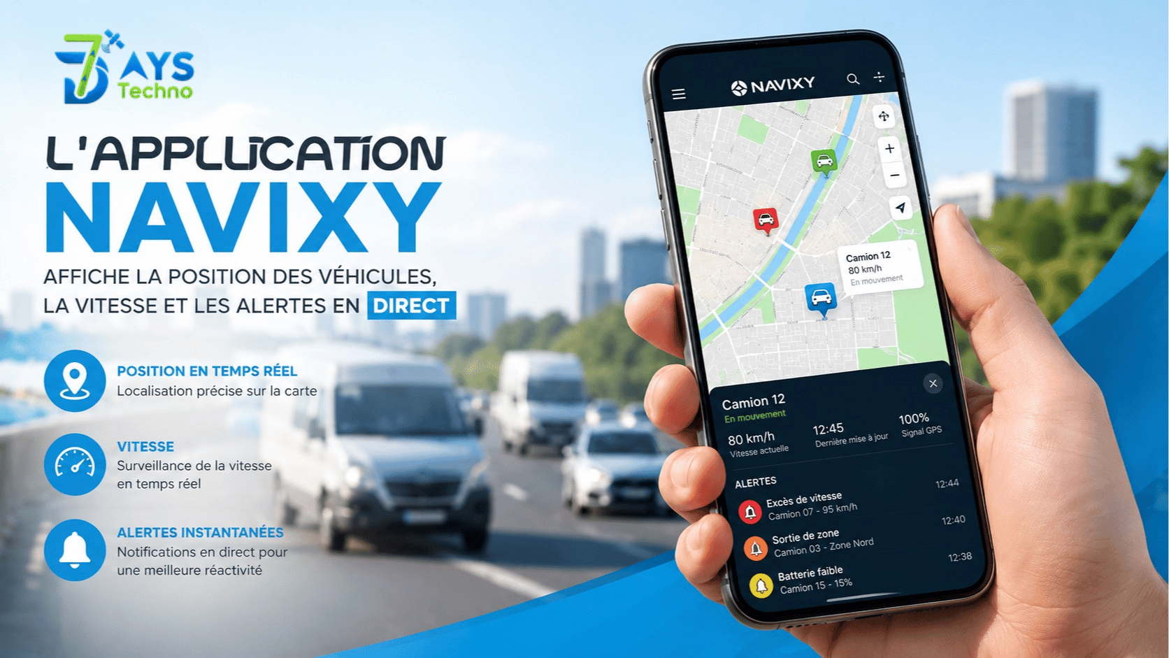 Application mobile de suivi GPS NAVIXY ouverte sur un smartphone avec carte GPS et vehicules suivis en temps reel