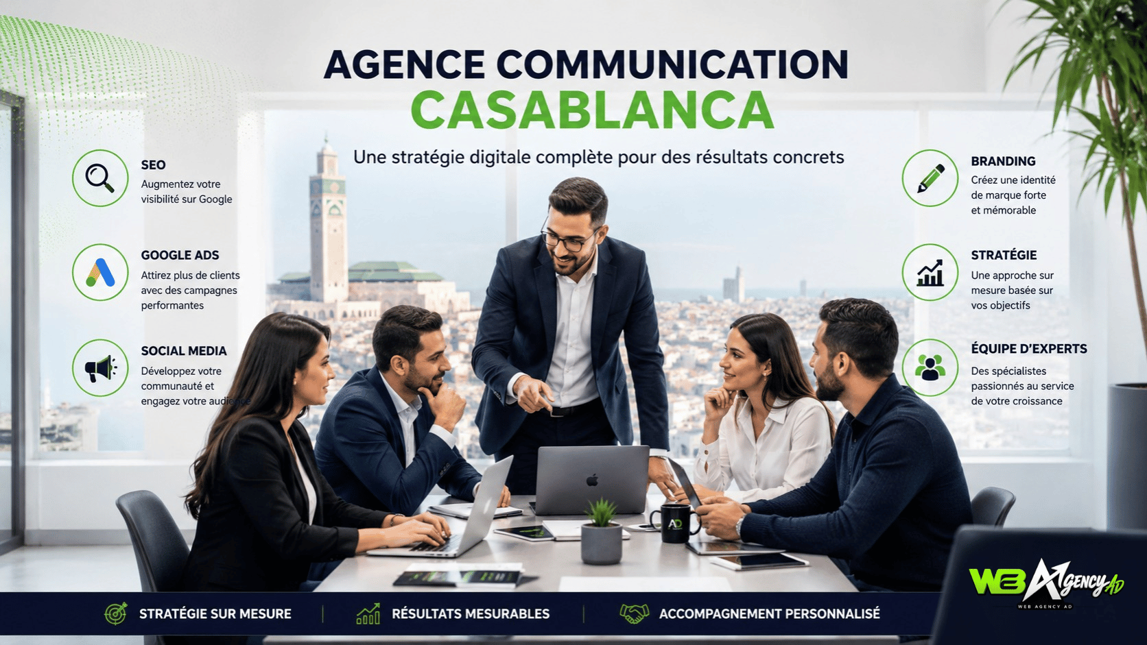 Agence communication Casablanca — équipe stratégie marketing digital Web Agency AD 2026